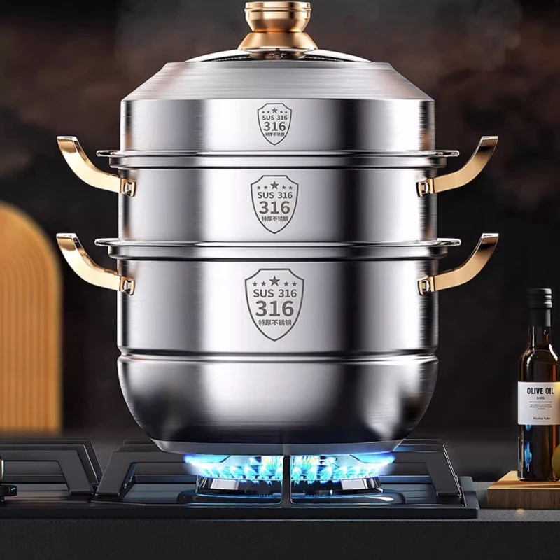 Home Cooking Cookbook - 316ステンレス製スチームポット、家電、4層蒸し器、調理用スープポット、鍋調理器具セット、40cm