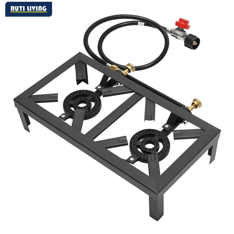 Home Cooking Gas - ポータブル1/2バーナー屋外ガスストーブ、プロパンコンロ、調整可能な0-10Psiレギュレーターホース付き、パティオキャンプ、バーベキュー用