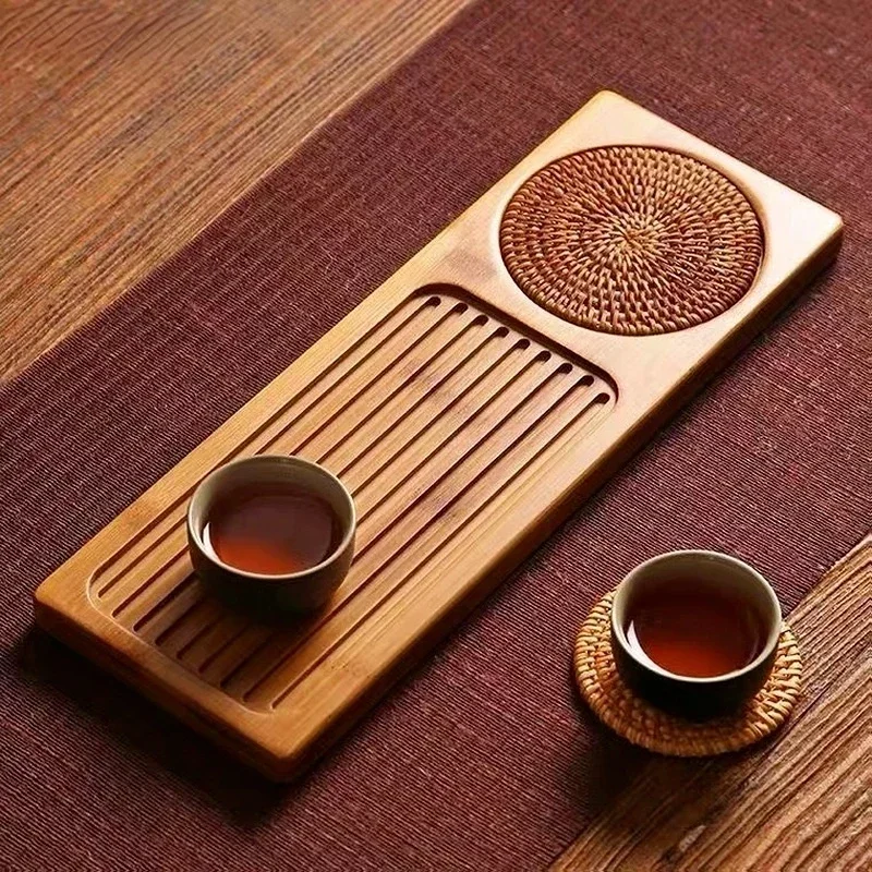 竹製茶盆（ラタンマット付き）長方形ポータブルティーサービング - Home Cooking Recipes のレビューと価格